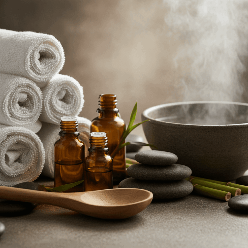 Équipements de spa bien-être disposés sur pierre naturelle avec serviettes, huiles essentielles et vapeur d'eau