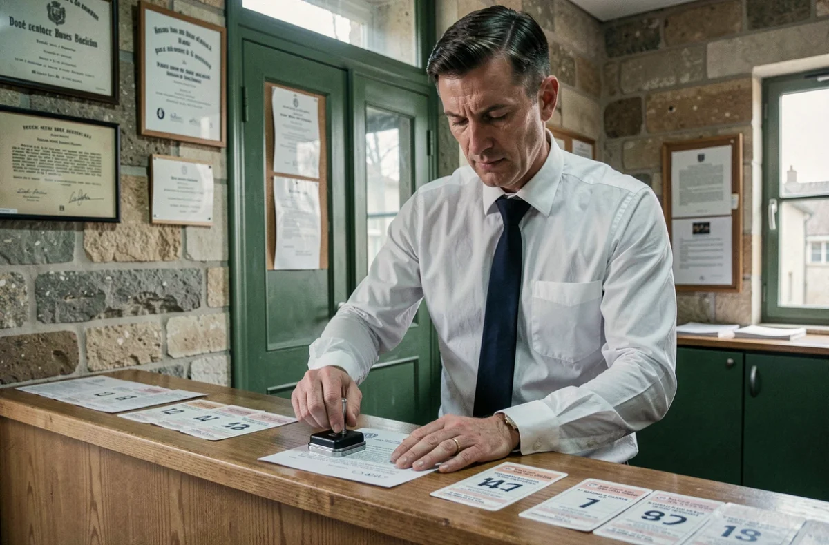 Agent administratif d'une mairie de Nantes tamponnant un acte de transcription de mariage officiel