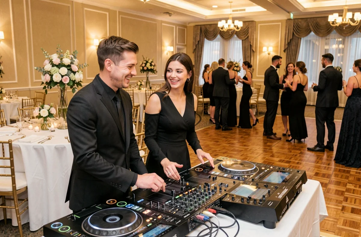 Équipe Alliance Animation composée de deux animateurs derrière leur setup DJ lors d'une réception de mariage