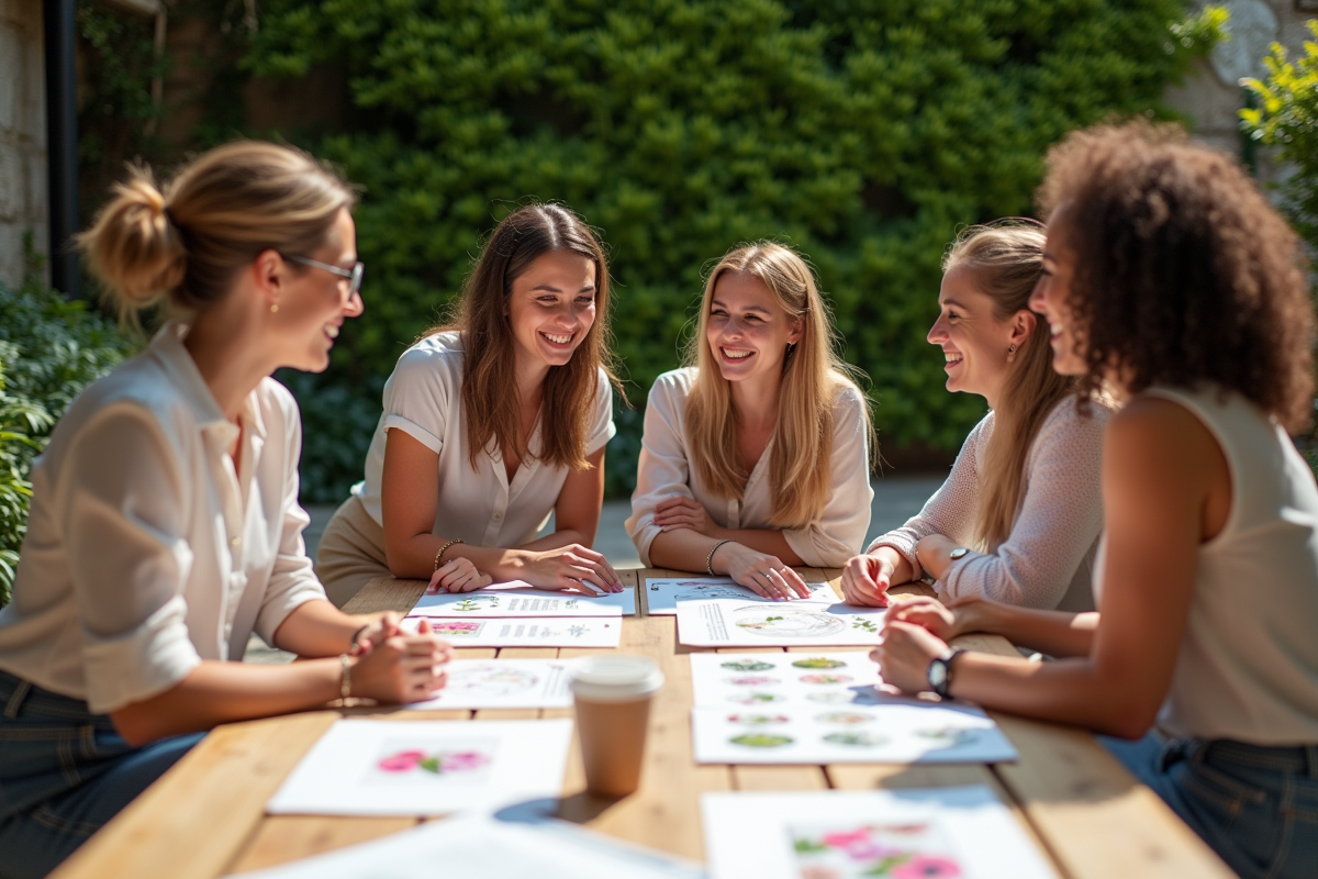 Groupe d amis créant des mood boards de mariage en extérieur lumineux