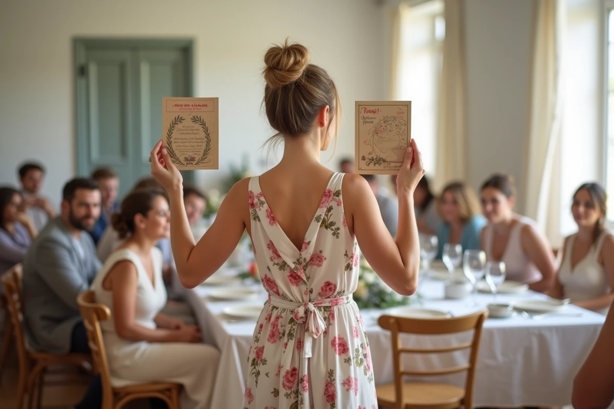 Animatrice tenant une carte du jeu des douze mois lors d'une réception de mariage civil dans une salle lumineuse