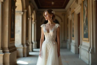 Femme élégante en robe de mariée ivoire dans un couloir de château français du XIXe siècle, atmosphère historique et contemplative