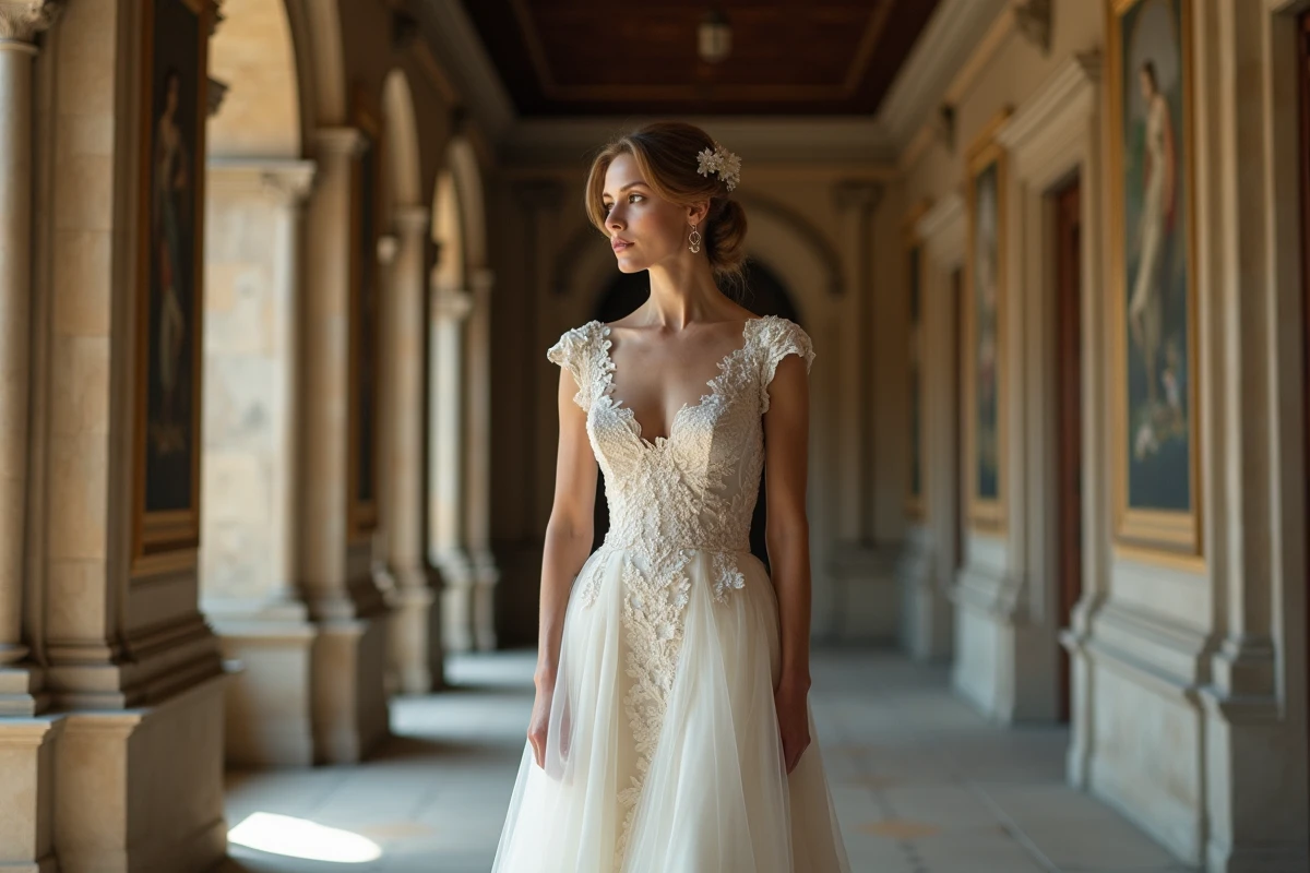 Femme élégante en robe de mariée ivoire dans un couloir de château français du XIXe siècle, atmosphère historique et contemplative
