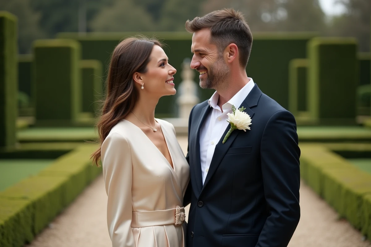 Couple élégant posant dans un jardin à la française symétrique, robe en soie crème et costume marine, portrait éditorial intemporel