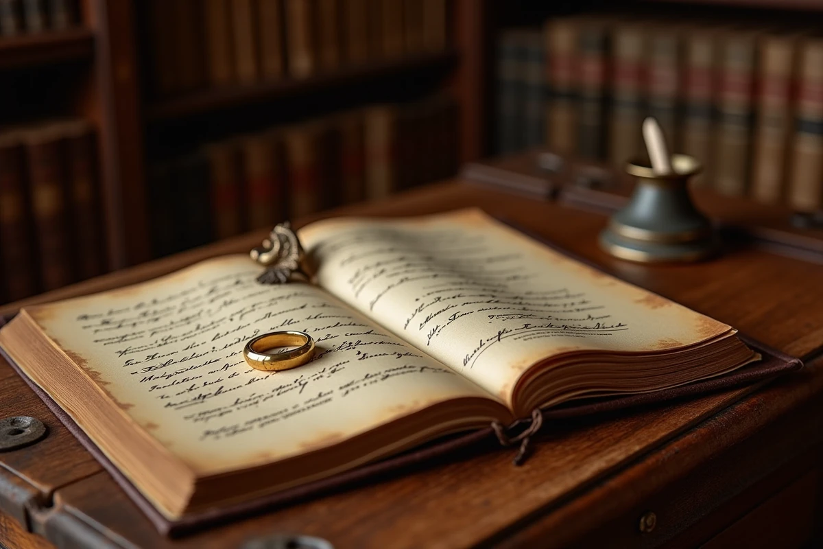 Registre ancien ouvert avec alliance dorée et document manuscrit en calligraphie française, atmosphère d'archives notariales historiques
