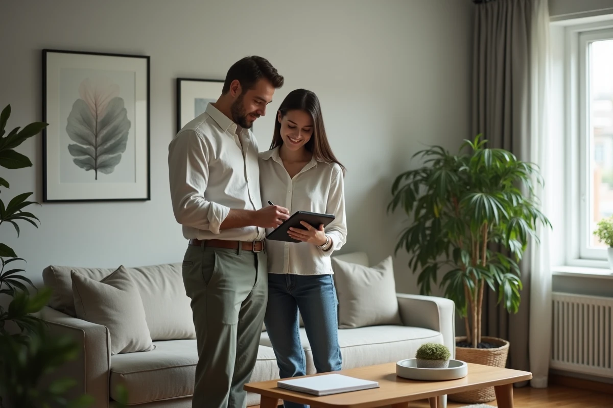Homme et femme en couple planifiant ensemble leur quotidien dans un salon décoré avec soin, illustrant la complicité et la confiance mutuelle