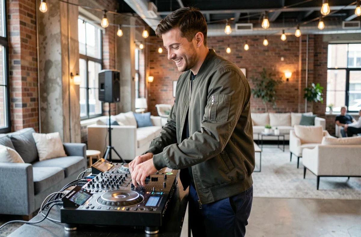 Audric Animation, jeune DJ moderne performant dans un espace de mariage industriel-chic en Gironde