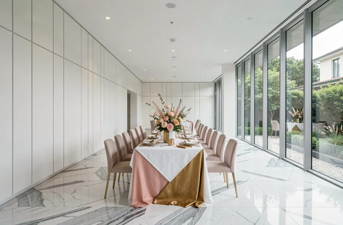 Salle de réception intérieure d'Aya Réception avec table dressée en or et murs blancs épurés