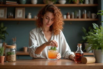 Femme garnissant un cocktail avec des herbes fraîches