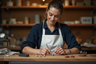 Bijoutière professionnelle mesurant la taille d'une bague avec un mandrin de baguier sur un établi en bois dans un atelier de joaillerie