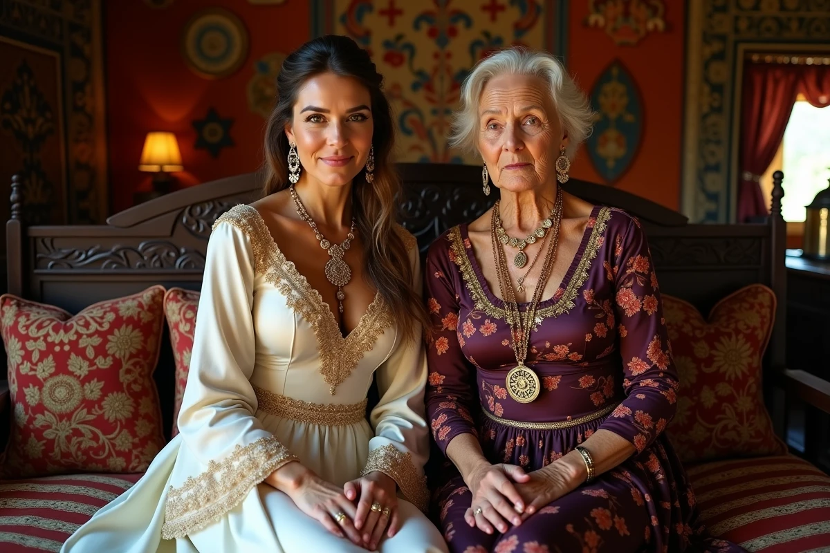 Mariée gitane et sa mère en tenue traditionnelle avec bijoux dorés à l'intérieur d'une roulotte décorée de velours et de tapisseries brodées