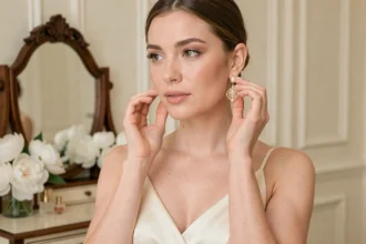 Mariée portant une boucle d'oreille pendante en perle et filigrane doré dans un salon nuptial élégant