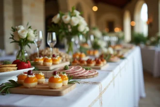 Table de buffet mariage haut de gamme avec verrines et canapés élaborés dans un château français