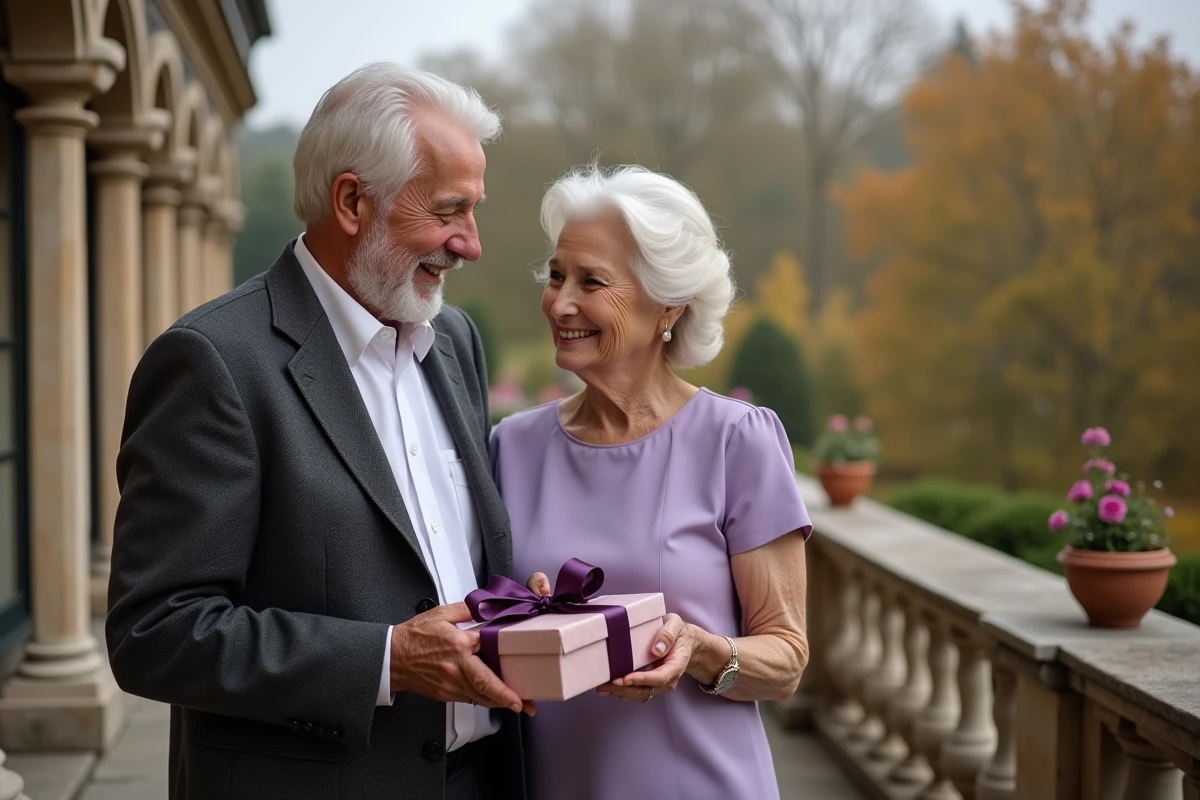 Mari offrant un cadeau à sa femme pour leurs 55 ans de mariage dans un jardin français en automne, célébration des noces d'orchidée