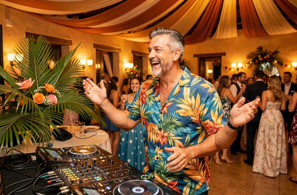 DJ Caribbean Sounds en tenue colorée animant une soirée de mariage à ambiance caribéenne en Nouvelle-Aquitaine
