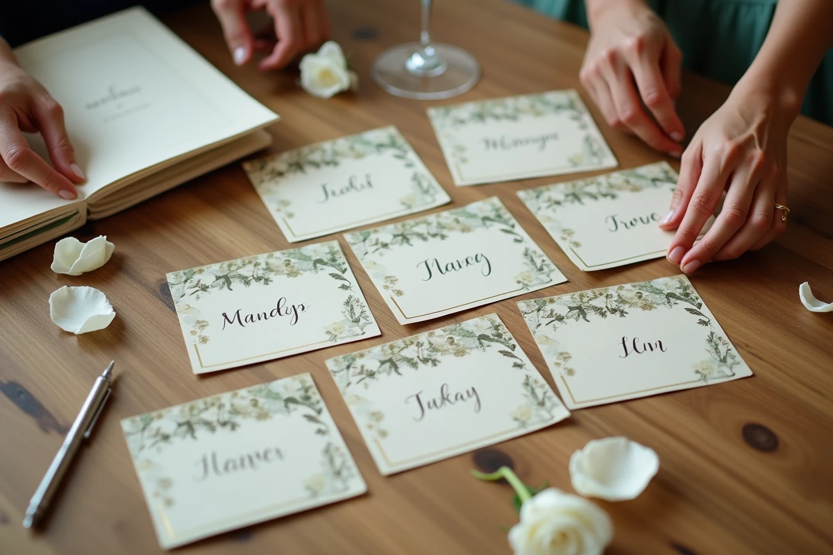 Vue en plongée des cartes du jeu des douze mois pour mariage civil posées sur une table en bois avec des pétales de roses blanches