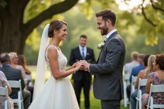 Couple échangeant des alliances lors d'une cérémonie de mariage laïque en plein air dans un jardin verdoyant