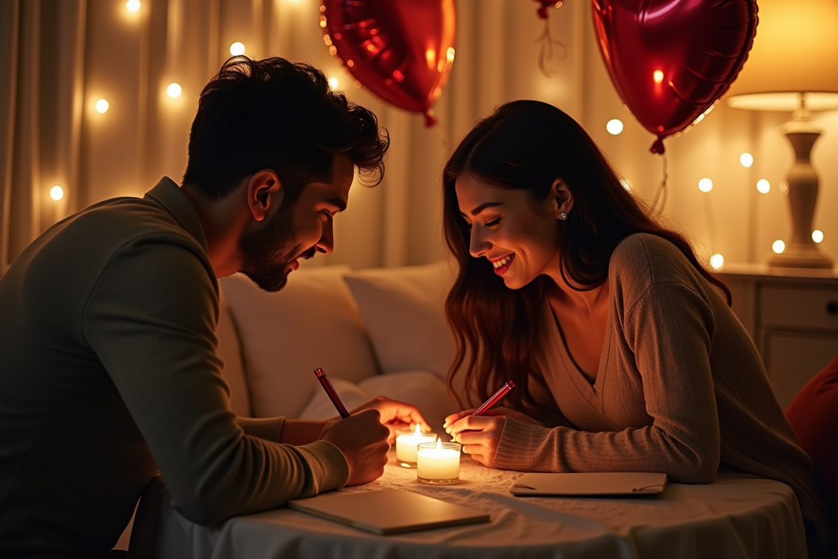 Couple échangeant des notes d amour dans un salon chaleureux