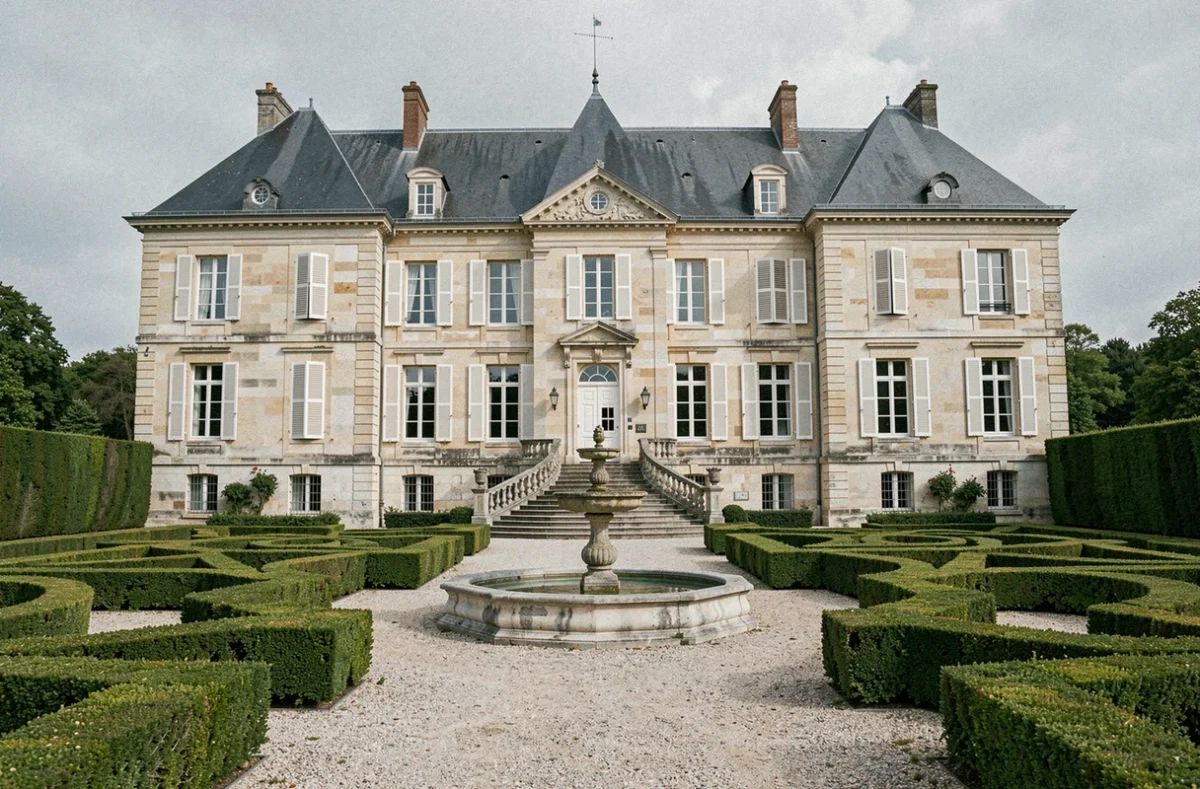 Façade extérieure du Château de Nainville-les-Roches entourée de jardins à la française