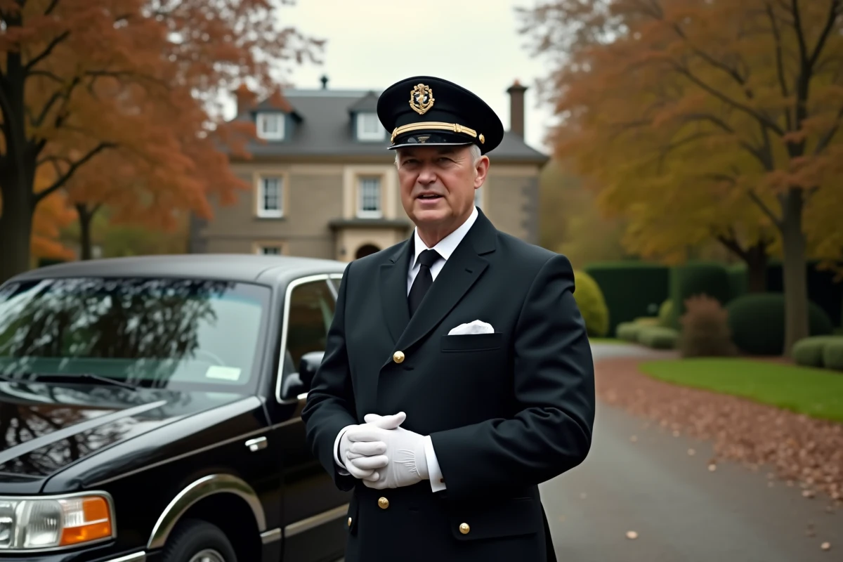 Chauffeur en uniforme devant une limousine noire sur une allée privée, représentant le service haut de gamme d'une location longue durée