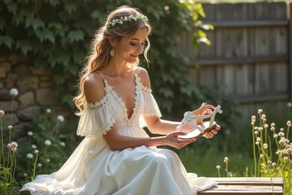 Mariée bohème tenant des sandales blanches en cuir tressé dans un jardin fleuri rustique