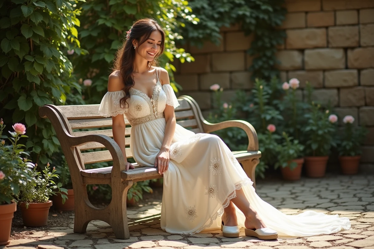 Femme en robe de mariée bohème en mousseline ajustant des mules blanches style espadrilles sur un banc en bois dans un jardin fleuri