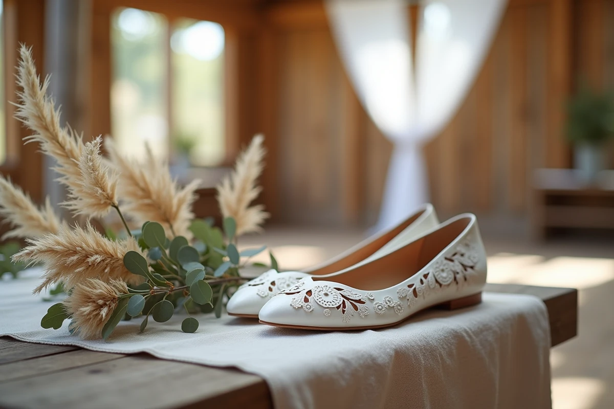 Chaussures plates blanches de mariée en cuir découpé au laser stylisées sur un tissu en lin avec herbes de la pampa séchées dans un cadre de grange champêtre