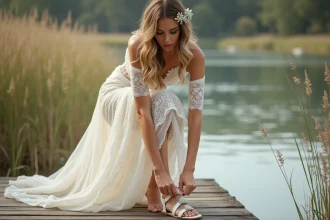 Mariée bohème en robe ivoire enfilant des sandales blanches à talons blocs avec détails en perles sur un ponton en bois au bord d'un lac naturel