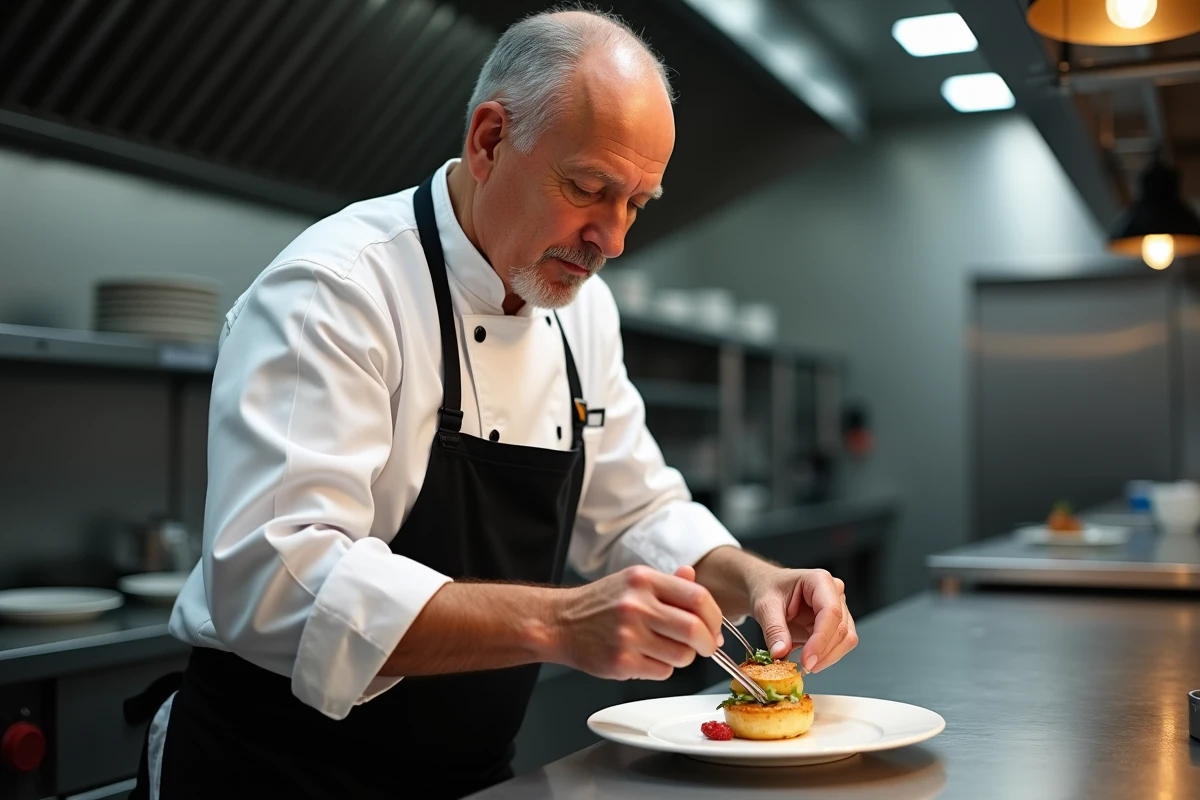 Chef traiteur mariage en train de dresser une assiette dans une cuisine professionnelle