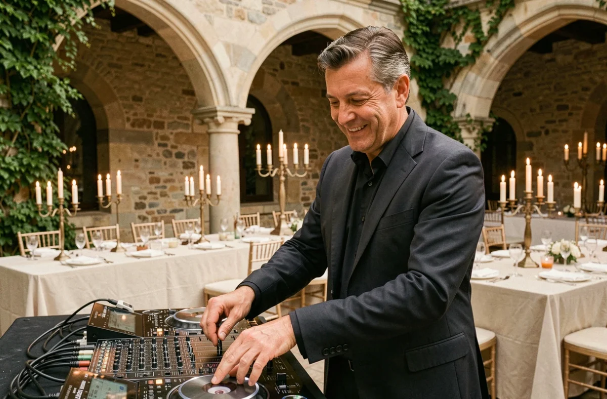 Christophe Animation, DJ expérimenté en costume, performant dans un château de mariage en Nouvelle-Aquitaine