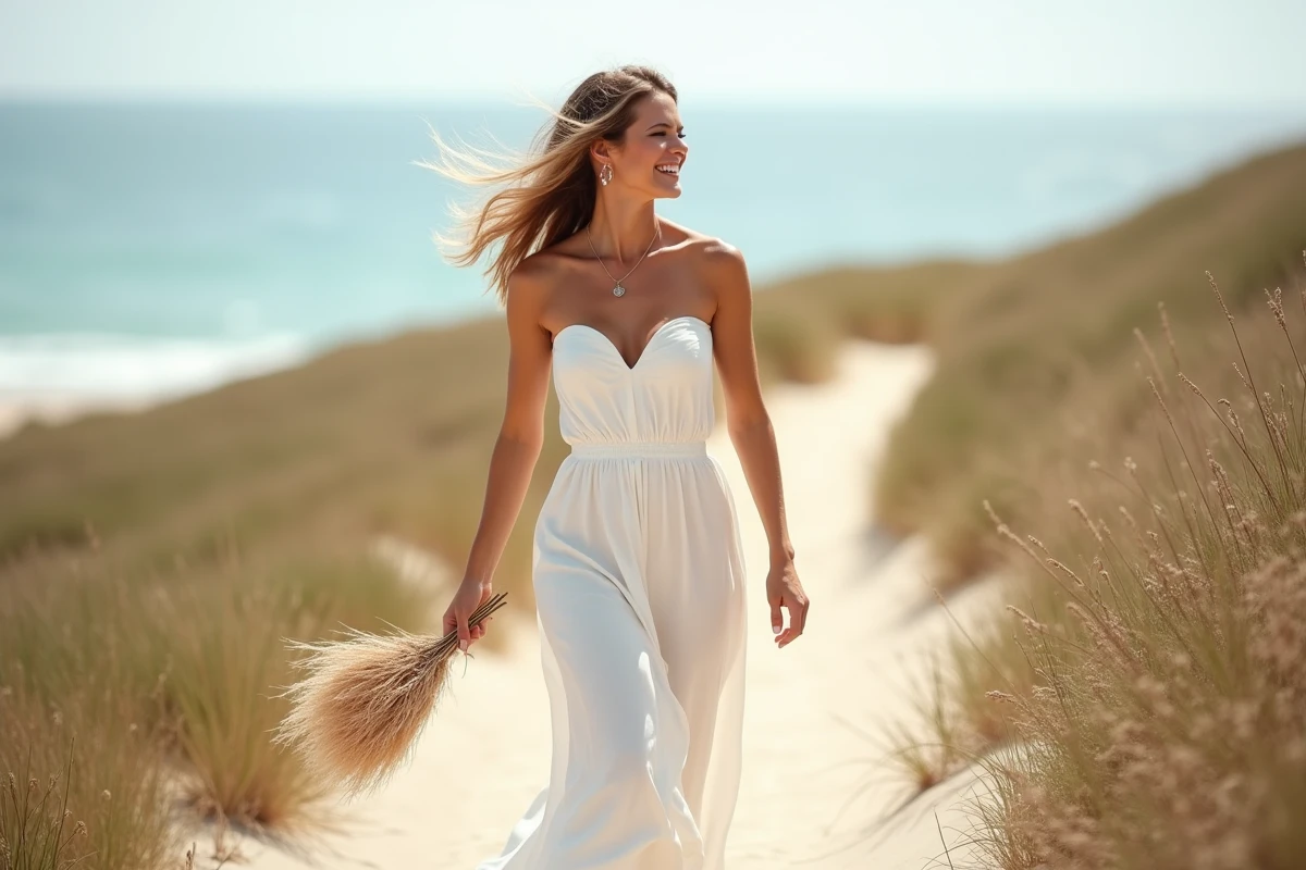 Femme en combinaison blanche bustier palazzo marchant pieds nus sur un sentier côtier lors d'un mariage en bord de mer