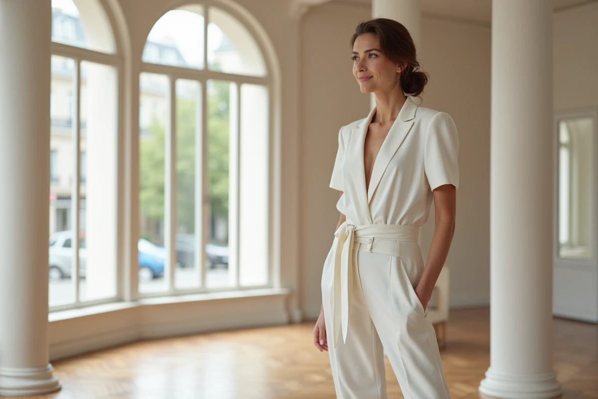 Femme portant une combinaison blanche ajustée à ceinture dans une salle de réception élégante pour un mariage