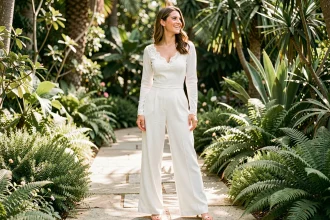Femme en combinaison mariée blanche élégante dans un jardin botanique, style moderne et naturel