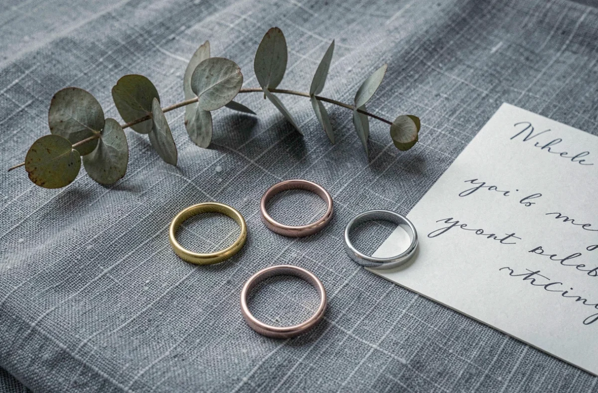 Trois bagues minimalistes en or jaune, or rose et argent disposées sur lin gris pour choisir une alliance de pacs