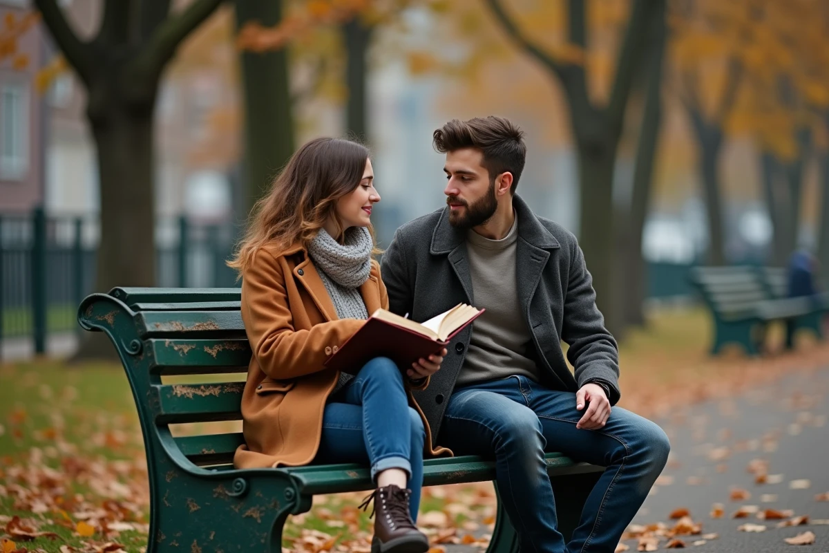 Couple serein partageant un moment de complicité silencieuse dans un parc en automne, symbole d'une relation stable et respectueuse