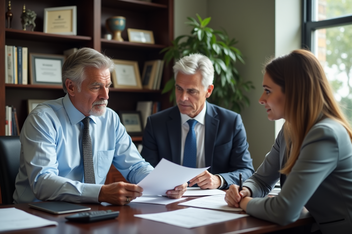 Conseiller fiscal discutant avec un couple dans un bureau professionnel