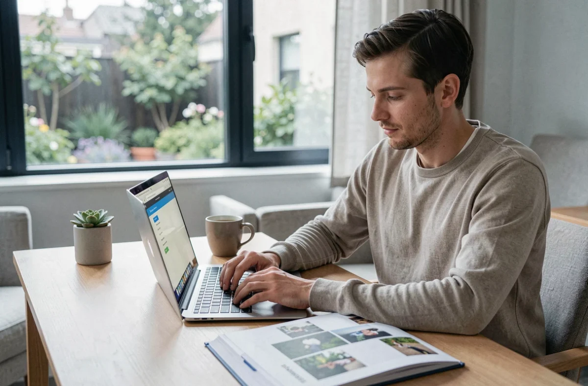 Personne contactant un photographe professionnel par email depuis un bureau minimaliste avec un portfolio de photographie ouvert