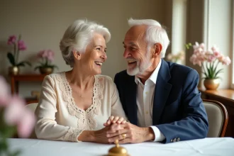 Couple de personnes âgées célébrant 55 ans de mariage aux noces d'orchidée, assis ensemble à une table décorée avec élégance