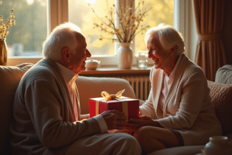 Couple d'anciens souriants échangeant des cadeaux dans un salon chaleureux