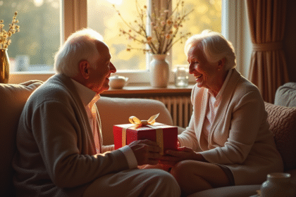 Couple d'anciens souriants échangeant des cadeaux dans un salon chaleureux