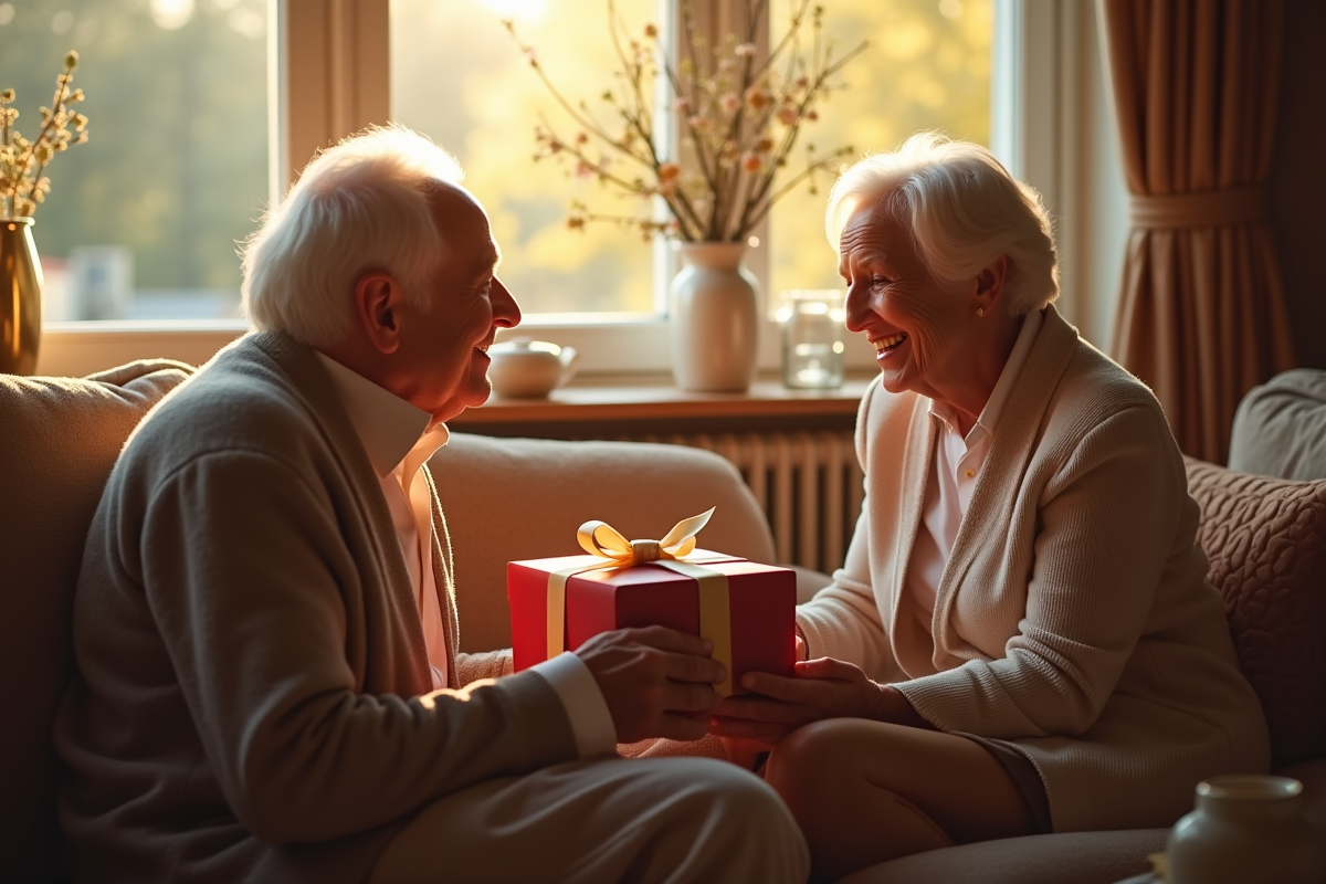 Couple d'anciens souriants échangeant des cadeaux dans un salon chaleureux