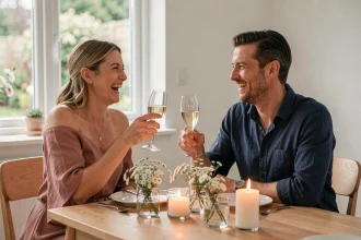 Couple marié célébrant leur anniversaire de mariage autour d'une table décorée avec champagne et fleurs blanches dans un intérieur moderne