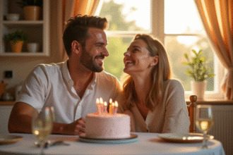Couple heureux riant lors d un anniversaire à la table