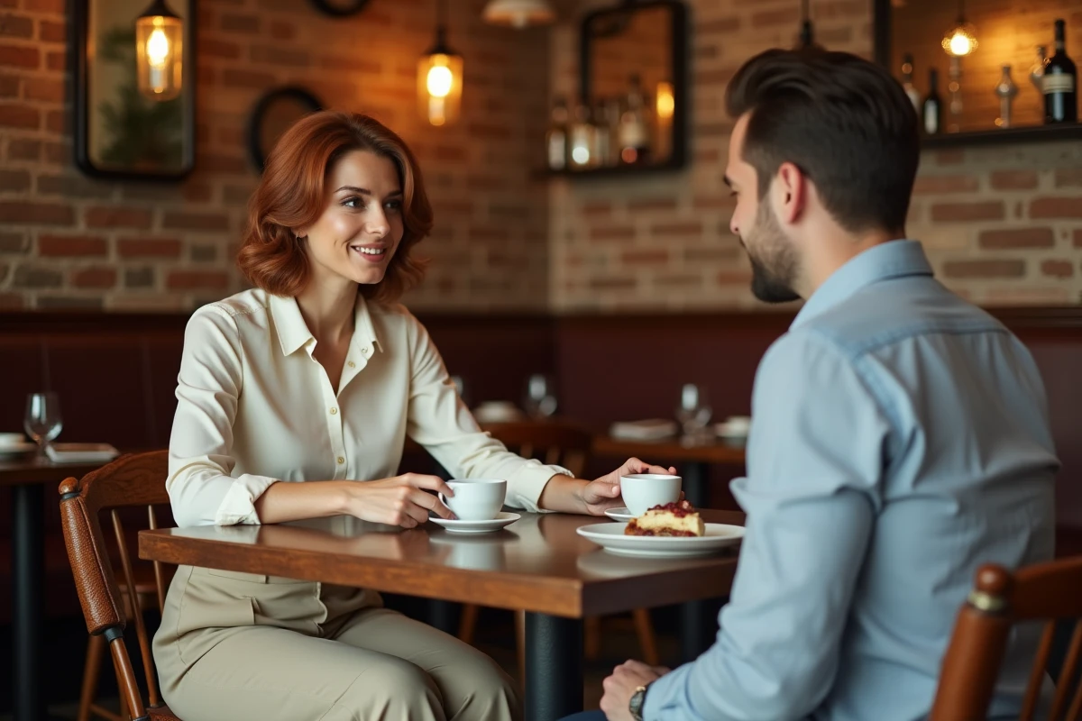 Couple discutant intimement dans un bistrot français authentique, atmosphère chaleureuse et conviviale