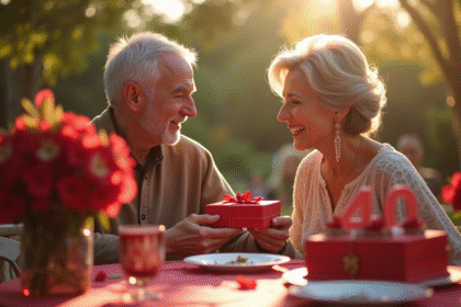 Couple élégant échangeant cadeaux rouges pour anniversaire de 40 ans