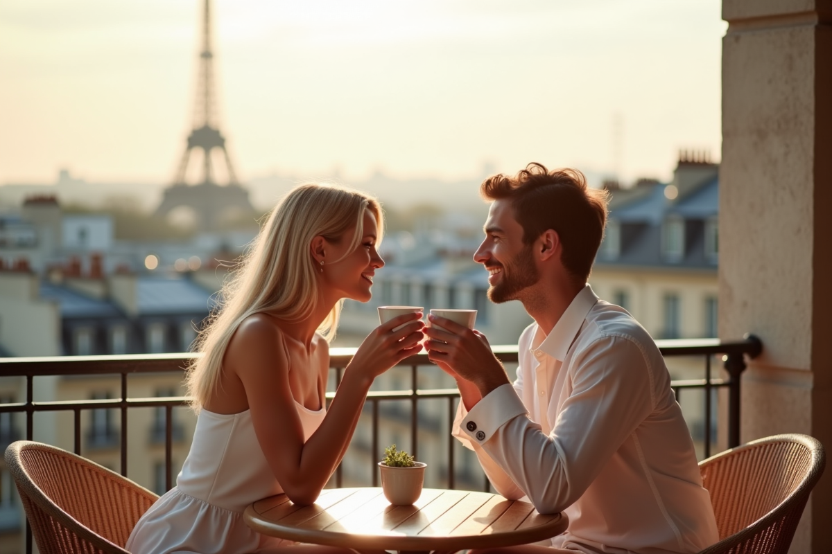 Couple dégustant un café sur un balcon parisien au matin