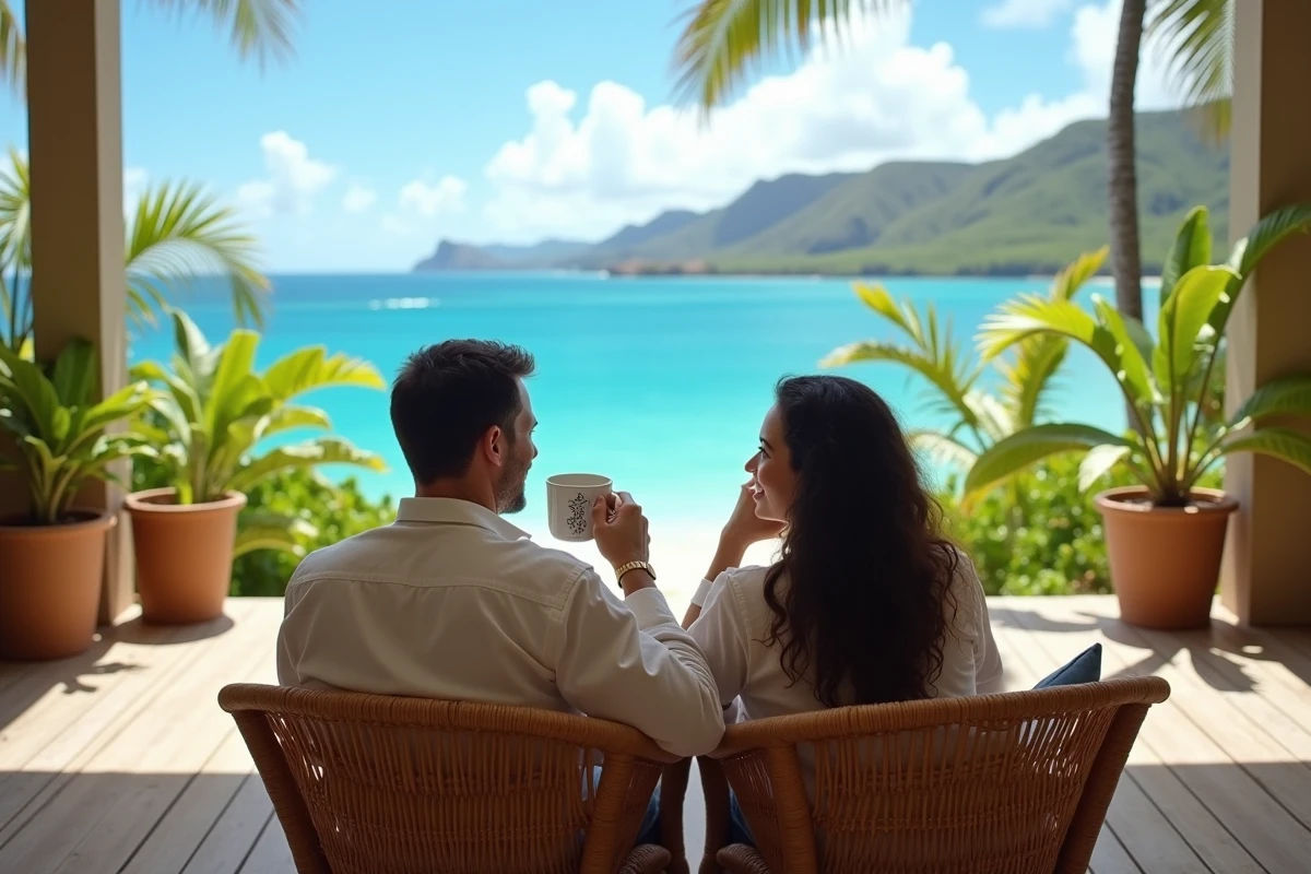 Couple assis sur lanai avec vue sur l ocean à Maui