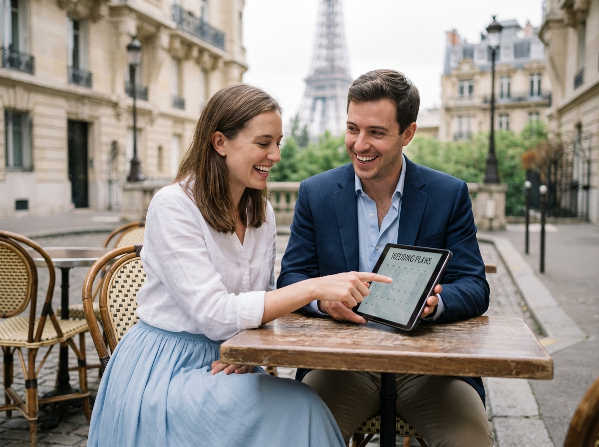 Jeune couple riant au café parisien en préparant leur mariage