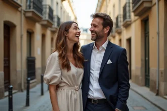Couple élégant partageant un moment complice dans une rue pavée européenne, ambiance romantique et naturelle