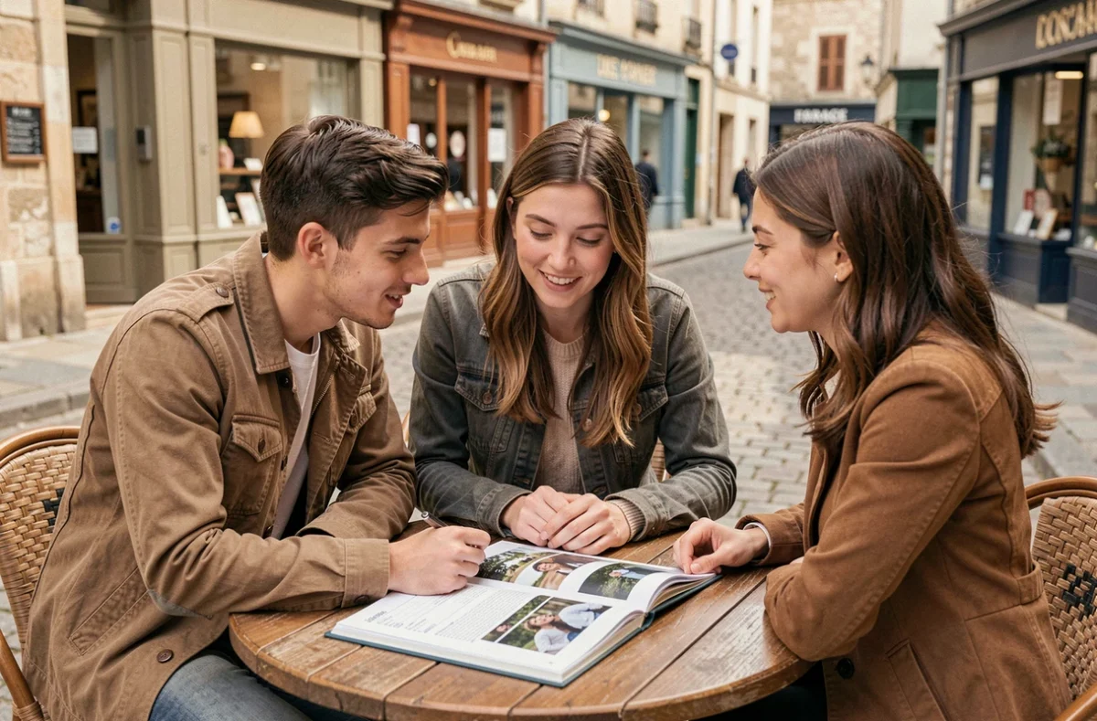 Couple discutant des prix avec une photographe en terrasse de café à Château-Gontier